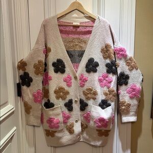BiBi Fuzzy Textured Relaxed Cozy Cardigan in Cream, Pink, Grey -NWOT-Sz XL